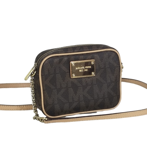 Michael Kors Jet Set Monogram Crossbody Bag Gold Logo Plate & Chain - Picture 11 of 15